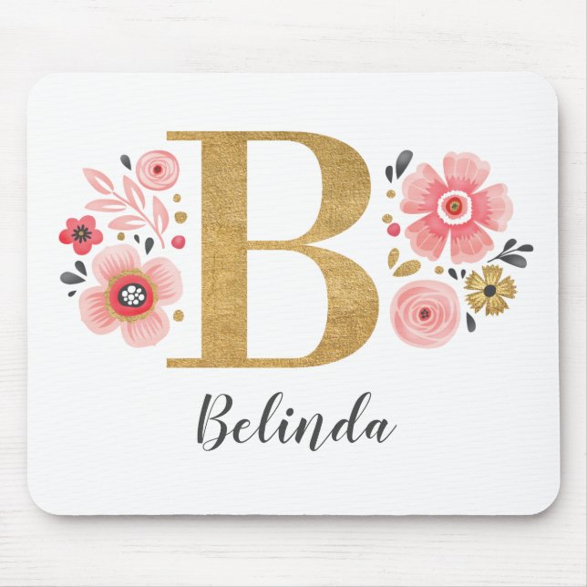 Monogram Girly Pink Floral Mouse Mat (Front)
