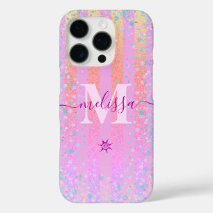 Monogram Girly Pink Glitter Rainbow Ombre Script iPhone 16 Pro Case