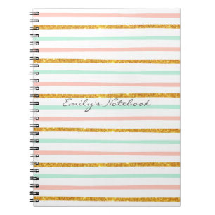 Monogram Girly Pink Gold Glitter Stripe Pattern Notebook