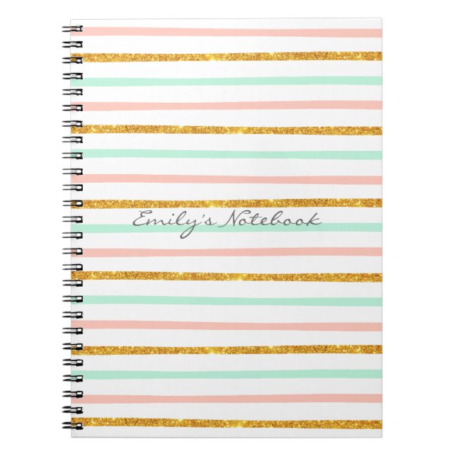 Monogram Girly Pink Gold Glitter Stripe Pattern Notebook (Front)