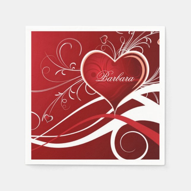 Monogram Girly Red & White Heart And Floral Swirls Napkin (Front)