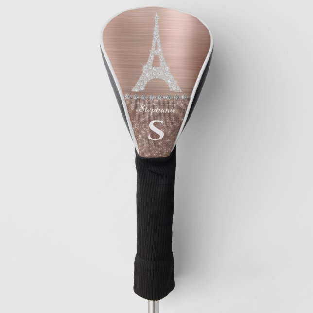 Monogram Girly Rose Gold Diamond Sparkle Paris Golf Head Cover (Front)