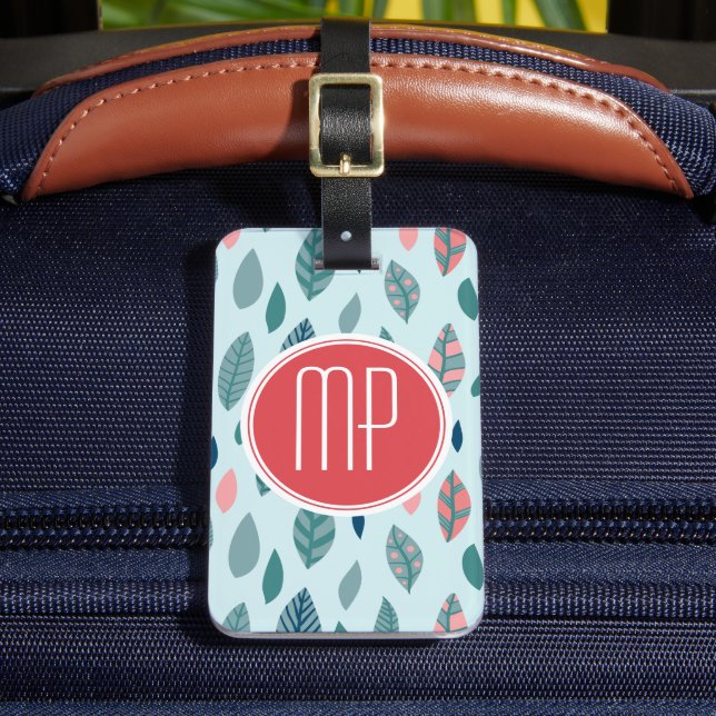 Monogram Girly Whimsical Leaves Pattern Luggage Tag (Front Insitu 2)