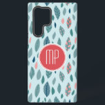 Monogram Girly Whimsical Leaves Pattern Samsung Galaxy Case<br><div class="desc">A whimsical and girly monogram pattern design with leaves in pale turquoise,  teal and coral red tones with a stylish banner in coral red and white to personalise with your monogram initials.</div>