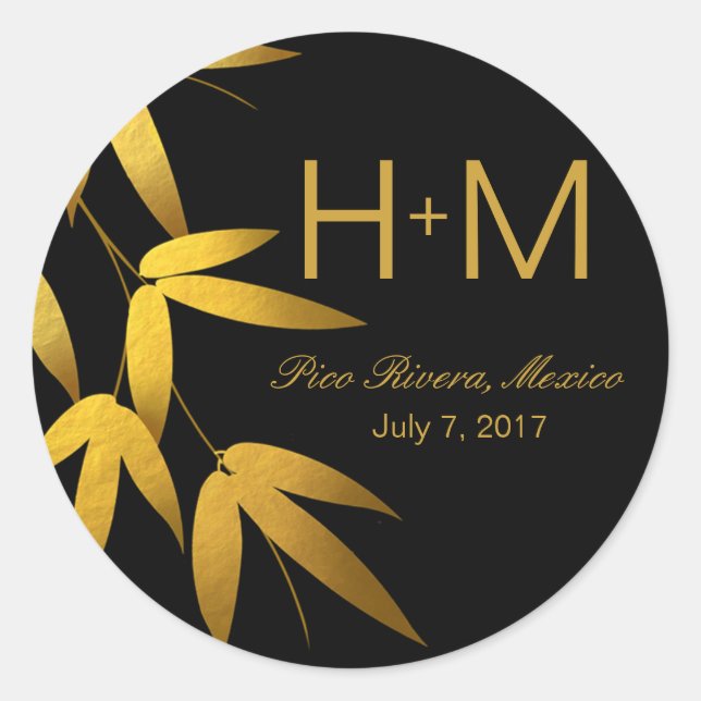 Monogram Glam Bamboo Leaves Gold Foil | black Classic Round Sticker (Front)