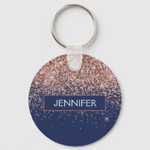 Monogram Glitter Blush Pink Rose Gold Navy Blue Key Ring