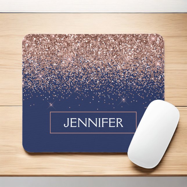 Monogram Glitter Blush Pink Rose Gold Navy Blue Mouse Mat (Creator Uploaded)
