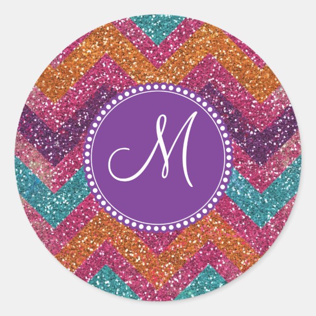Monogram Glitter Chevron Pink Purple Orange Teal Classic Round Sticker (Front)