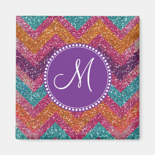 Monogram Glitter Chevron Pink Purple Orange Teal Magnet