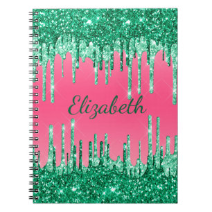 Monogram Glitter Drips Pink Green Trendy Glam  Notebook