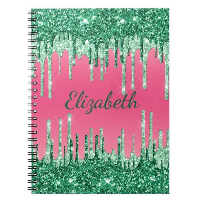 Monogram Glitter Drips Pink Green Trendy Glam  Notebook (Front)