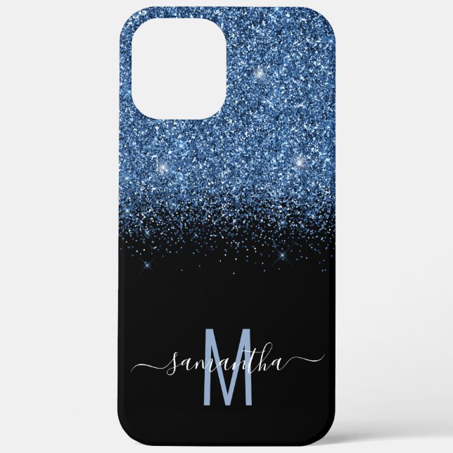 Monogram Glitter Fading Calligraphy Name  Blue Case-Mate iPhone Case (Back)