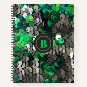 Monogram glitter grey green sequins girly sparkle notebook