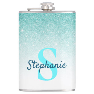 Monogram Glitter Ombre Aqua Blue Girly Hip Flask