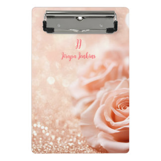 Monogram Glitter Rose Gold Background and Rose Mini Clipboard