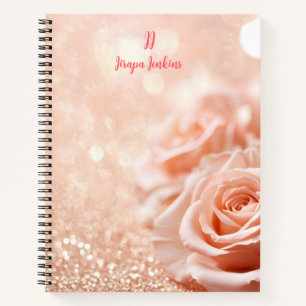 Monogram Glitter Rose Gold Background and Rose Notebook