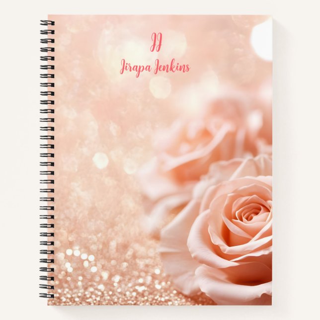 Monogram Glitter Rose Gold Background and Rose Notebook (Front)