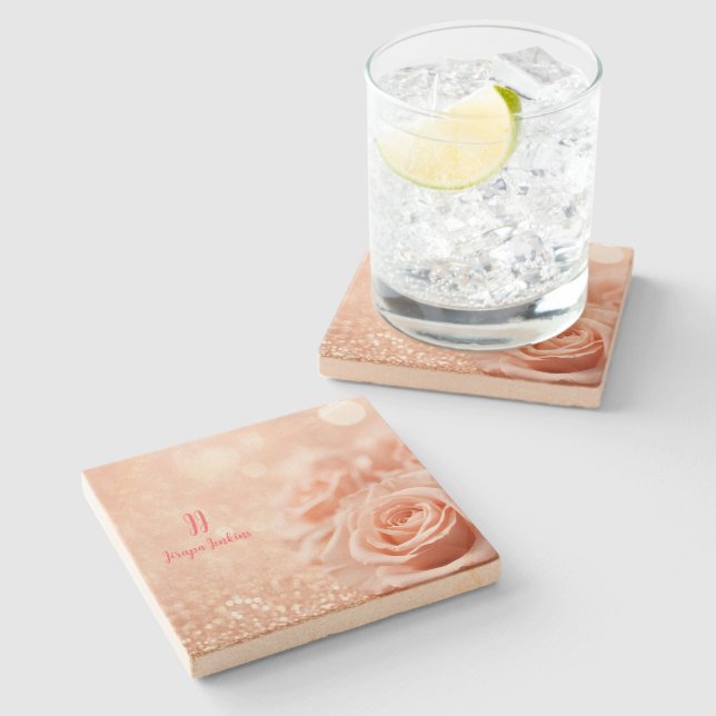 Monogram Glitter Rose Gold Background and Rose Stone Coaster (Side)
