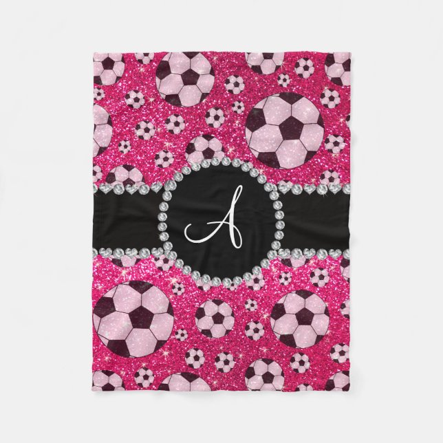 Monogram glitter rose pink soccer balls fleece blanket (Front)