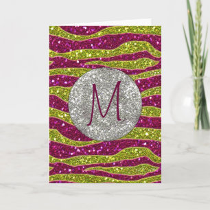 Monogram Glitters Yellow Pink Zebra Stripes Note Card