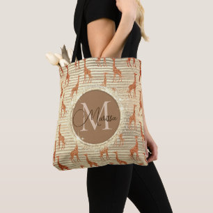 Monogram Glittery Giraffe on Gold Foil Tote Bag