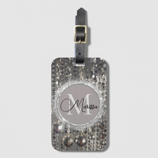 Monogram Glittery Silver Stringed Beads          Luggage Tag (Front Vertical)