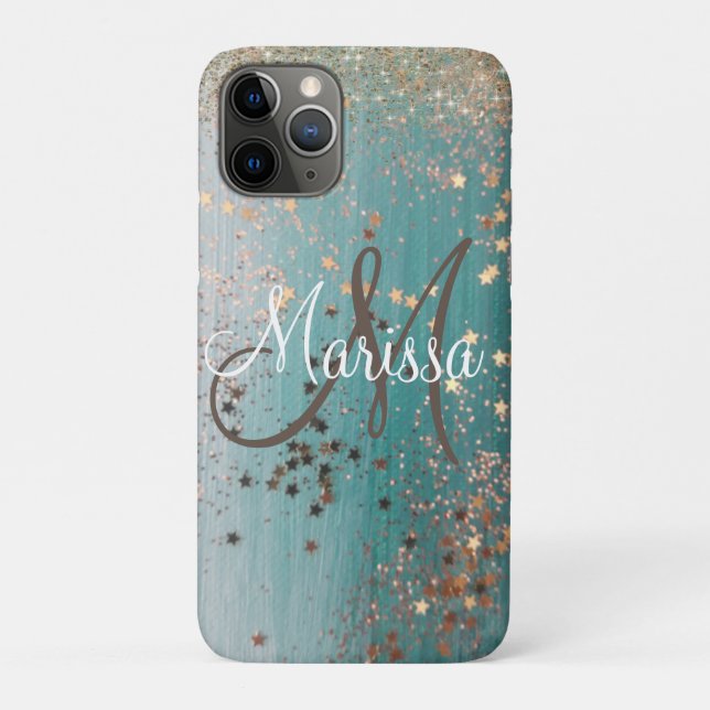 Monogram Glittery Stars on Teal Personalised Case-Mate iPhone Case (Back)