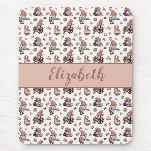 Monogram Gnomes Baking Cupcakes Doughnuts Pink Scr Mouse Mat (Front)
