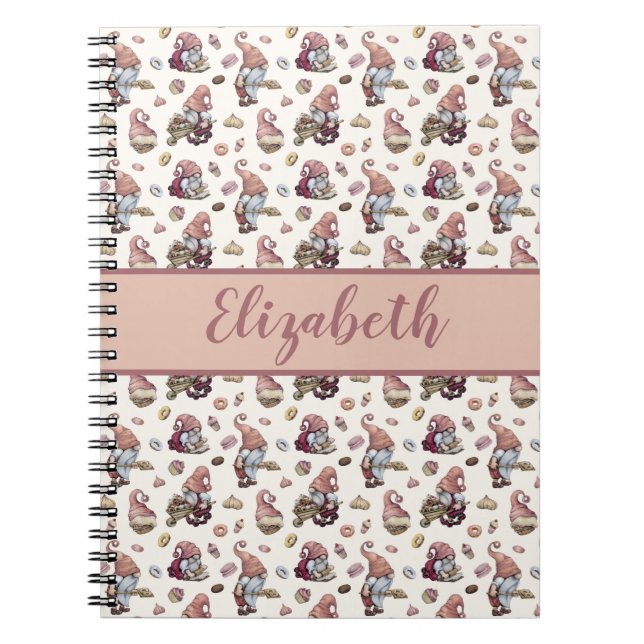 Monogram Gnomes Baking Cupcakes Doughnuts Pink Scr Notebook (Front)