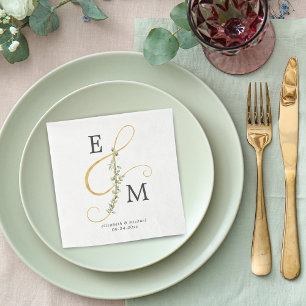Monogram Gold Ampersand Eucalyptus Wedding Napkin