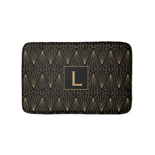 Monogram Gold and Black Art Deco Pattern Bath Mat