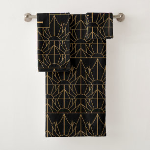 Monogram Gold and Black Art Deco Pattern Bath Towel Set