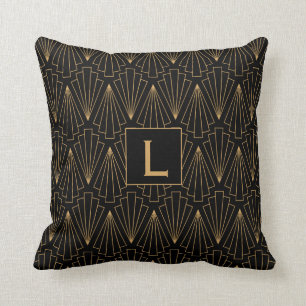 Monogram Gold and Black Art Deco Pattern Cushion