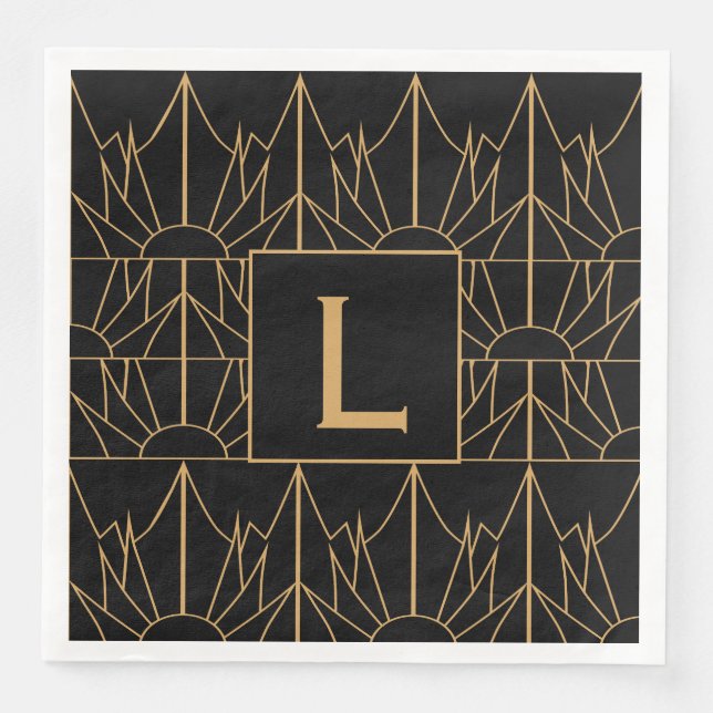 Monogram Gold and Black Art Deco Pattern Napkin (Front)