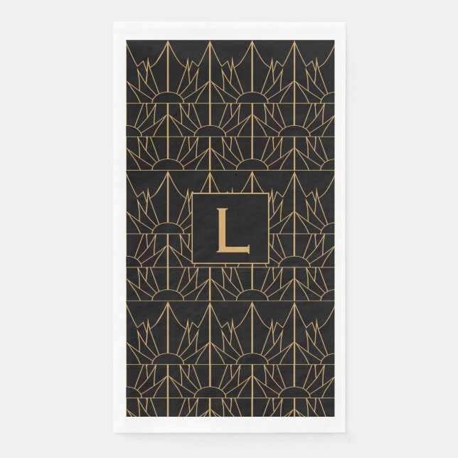 Monogram Gold and Black Art Deco Pattern Napkin (Front)