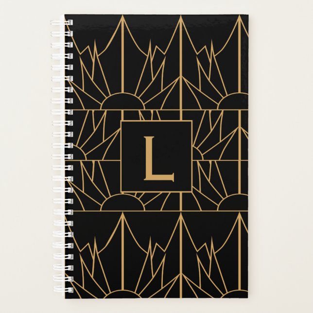 Monogram Gold and Black Art Deco Pattern Planner (Front)