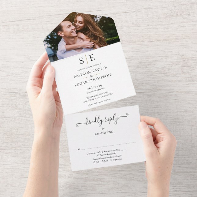 Monogram Gold And Black Photo Wedding All In One Invitation (Tearaway)