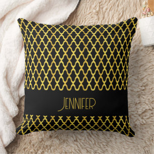 Monogram gold and black quatrefoil pattern cushion
