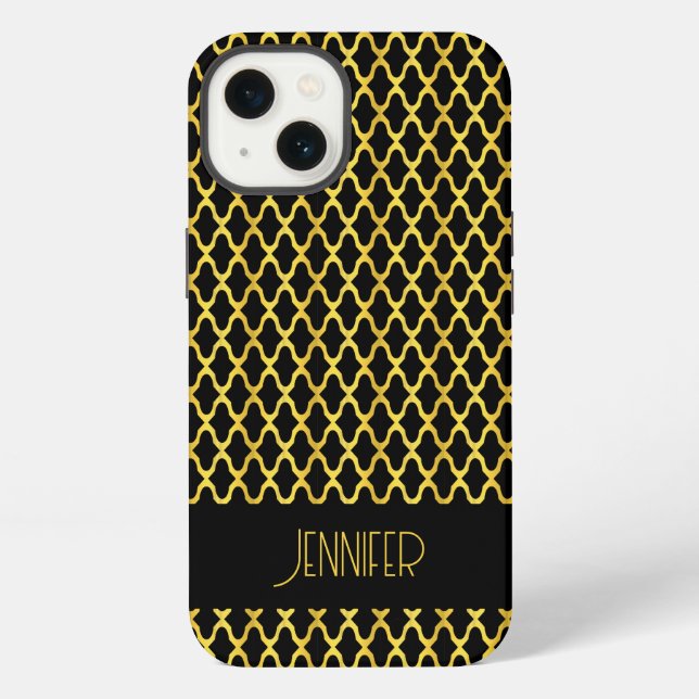 Monogram gold and black quatrefoil pattern iPhone case (Back)