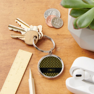 Monogram gold and black quatrefoil pattern key ring