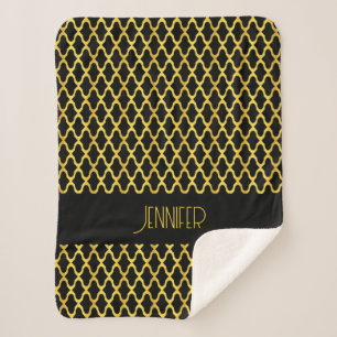 Monogram gold and black quatrefoil pattern sherpa blanket