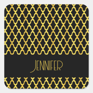 Monogram gold and black quatrefoil pattern square sticker