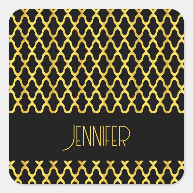 Monogram gold and black quatrefoil pattern square sticker (Front)