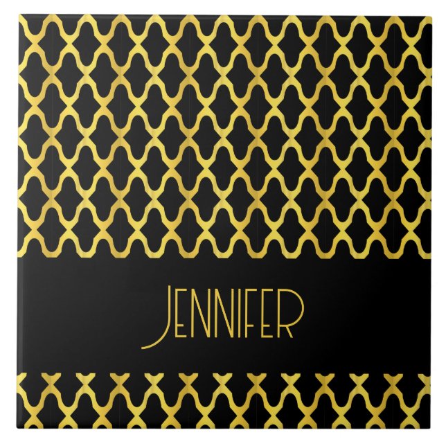 Monogram gold and black quatrefoil pattern tile (Front)