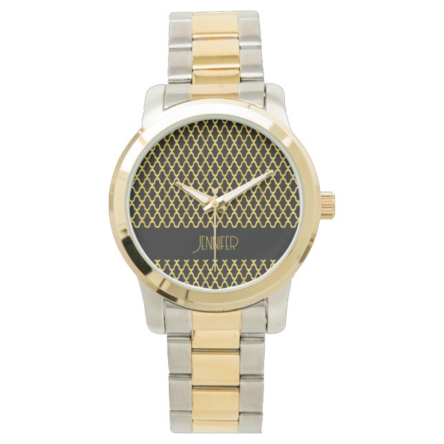 Monogram gold and black quatrefoil pattern watch (Front)