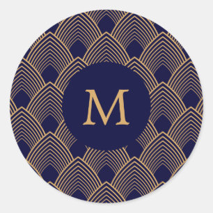 Monogram Gold and Blue Art Deco Pattern Classic Round Sticker