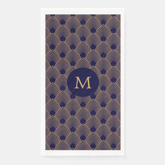 Monogram Gold and Blue Art Deco Pattern Napkin (Front)