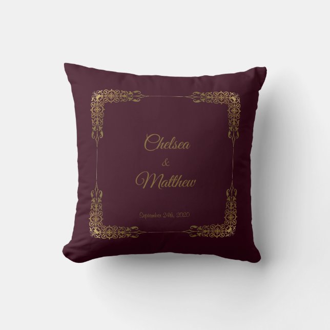 Monogram Gold and Burgundy Lace Wedding Pillow (Front)
