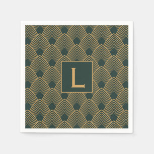 Monogram Gold and Emerald Green Art Deco Pattern Napkin