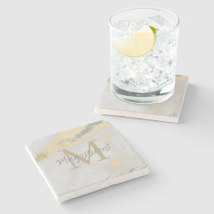 Monogram Gold and Gray Marble Stone Coaster